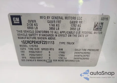 2015 Chevrolet Silverado 1500 Wt from USA, damaged, VIN 1GCRCPEH2FZ251113